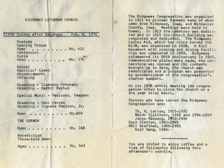 A copy of the bulletin from the last service given at the Church. From the Joachim Regional Museum Collection.